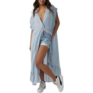 Free People Blue‎ Striped Ruffle High-Low Maxi Dress Sleeveless Cottagecore